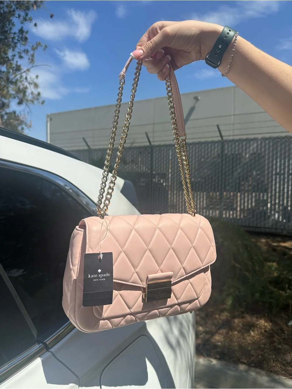 kate spade Quilted Leather Shoulder Bag in Light Pink with Gold Chain